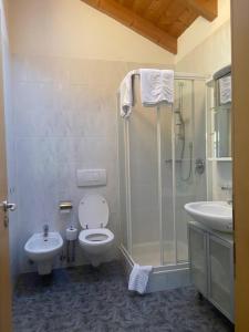 une salle de bains avec douche, toilettes et lavabo dans l'établissement Kienasthof, à Bressanone