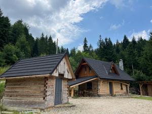 Blockhaus mit schwarzem Dach in der Unterkunft Górska Osada Śleboda in Zasadne