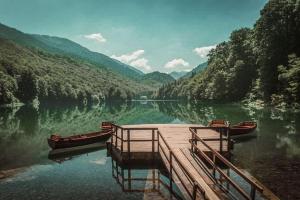 a dock with two boats on a lake at Apartman Hači in Kolašin