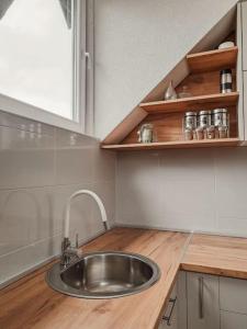 a kitchen with a stainless steel sink and a window at Apartman Hači in Kolašin +21 photos