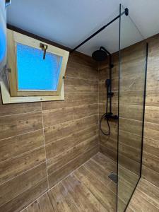 a bathroom with a shower with a window at Etno kuca Lana in Mojkovac +31 photos