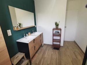 a bathroom with a sink and a mirror at Agréable Villa proche Pont du Gard in Bezouce +11 photos