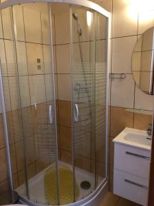 a shower with a glass door in a bathroom at Dom Gościnny Paweł&Kasia Kaczor in Pobierowo +41 photos