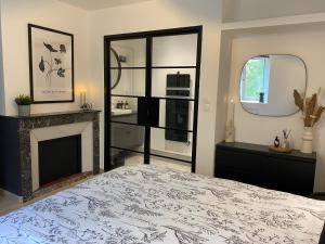 Schlafzimmer mit einem Bett, einem Kamin und einem Spiegel in der Unterkunft L'atelier d'Arches in Charleville-Mézières