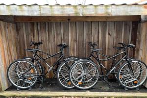 three bikes parked next to a wooden fence at Spa, Climatisation, Piscine chauffée, Pétanque et Calme au Bassin d'Arcachon in Le Teich