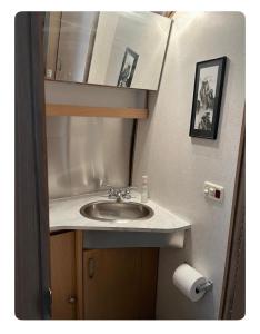 a bathroom with a sink and a roll of toilet paper at Airstream Get Away! in Los Angeles