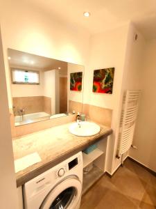 a bathroom with a sink and a washing machine at Aix en Provence charmante villa piscine cadre verdoyant 6 personnes in Aix-en-Provence +12 photos