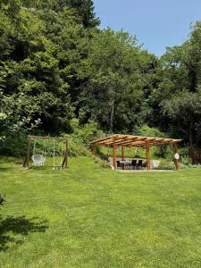 a picnic set up in a field with a picnic table at Liz Mari Apartments near Terme Olimia in Podčetrtek