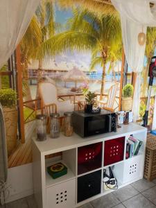 a microwave on a white cabinet with a view of the beach at Palms Zimmer in Frechen