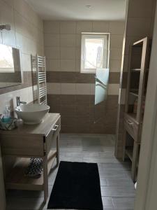 ein Badezimmer mit Waschbecken, Spiegel und Dusche in der Unterkunft Willa willi in Niederschaeffolsheim