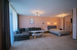 a living room with a couch and a bed at The Bear Pamporovo in Pamporovo