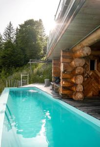a swimming pool next to a log cabin at Piccolo Paradiso - Adults ONLY in Bodensdorf