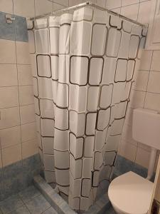 a bathroom with a toilet and a shower curtain at Pefki Apartment 4 in Artemísion