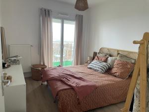 a bedroom with a bed with pillows and a window at Bienvenue chez nous in Noisy-le-Grand
