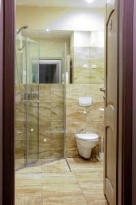 a bathroom with a glass shower and a toilet at Provansalio dvaras in Babriškės