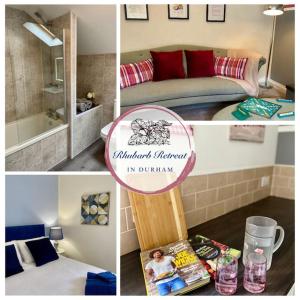 a collage of pictures of a living room with a couch at Rhubarb Retreat - Stylish House, Sleeps 5, 10 mins to Durham City & Parking & Garden in Gilesgate