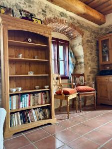 a room with two chairs and a book shelf with books at Apartmány Penzion Kateřina in Nadějkov