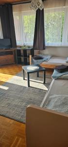 a living room with two beds and a table at Charmante Monteurwohnung in Geislingen an der Steige +3 photos