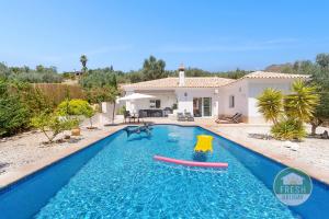 un perro jugando con un frisbee en una piscina en Casa La Maroma - Spacious and quiet family home, en Alcaucín