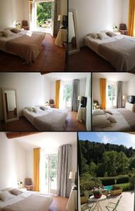 un collage de cuatro fotos de un dormitorio en Les chambres des Baronnies, en Buis-les-Baronnies