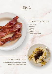 a plate of bacon next to a plate of food at Deluxe apartments Canggu area with gym coworking security parking and full services in Tumbak Bayuh