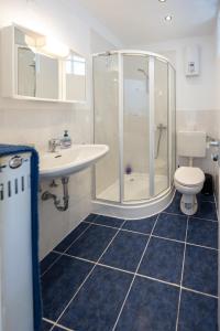 a bathroom with a shower and a sink and a toilet at Bluegate Suite - Airport Guesthouse in Kelsterbach