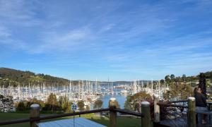 a man standing on a deck looking at a marina at Elegant and scenic floating boat house in Kettering