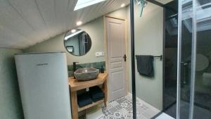a small bathroom with a sink and a mirror at Le Scailleteux, petite maison de mineur, climatisée non accessible PMR in Fumay +23 photos
