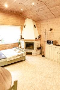 a large room with a kitchen and a stove at Domek Letniskowy Pucka in Mieroszyno