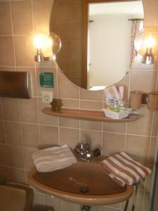 a bathroom with a sink and a mirror at Gasthof Goldenes Lamm in Schwabsberg