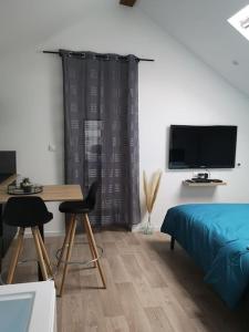 a bedroom with a bed and a desk and a television at Grange Caliana in La Vineuse