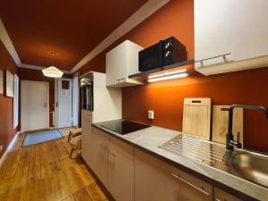 a kitchen with orange walls and a sink and a counter at ArtHouse Bad Schandau in Bad Schandau +30 photos
