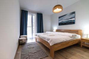 a bedroom with a bed and a large window at Mickiewiczova apartment free parking by Veronika & Jano in Bratislava