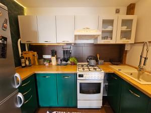 a kitchen with green cabinets and a white stove top oven at Apartament Błękitny Horyzont in Kędzierzyn-Koźle