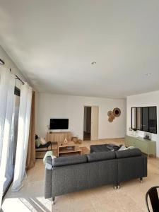 a living room with a couch and a tv at Villa en Provence avec piscine in Mollégès