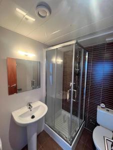 a bathroom with a shower and a sink and a toilet at Palamós Apartamentos in Palamós
