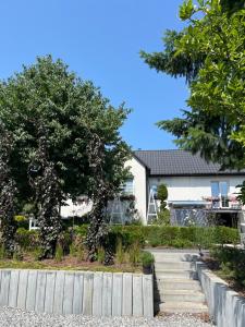 a house with a tree and stairs in front of it at Dziupla in Wygiełzów