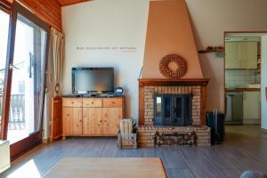 een woonkamer met open haard en tv bij Glück Auf Ferienhäuser Winterberg in Winterberg