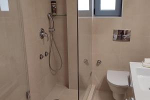 a bathroom with a shower and a toilet at Endless Blue - Rafina Seaview Apartment in Rafina +45 photos