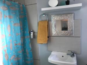 a bathroom with a toilet and a mirror and a sink at Cottage 49 in Parys +7 photos