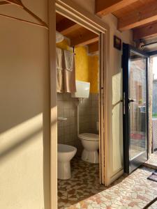 a bathroom with a toilet and a sink and a window at Casa Finetti in Casa Allegri