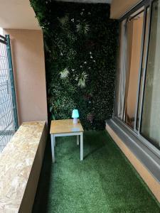 a small table on a balcony with a green wall at EXPO - Paris Porte de Versailles Parc des Expo à 5min avec parking in Vanves