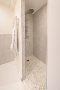 a bathroom with a shower with a glass door at Cocon de Morgon in Villié-Morgon