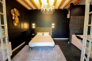 a bedroom with a bed and a chandelier at G7 Loft SPA & Terrasse centre Angouleme in Angoulême