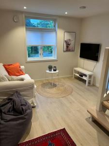 a living room with a couch and a flat screen tv at Lite hus 15 min fra Oslo in Høvik