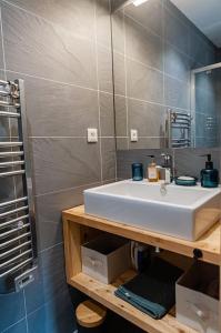 a bathroom with a white sink and a mirror at La Java in Villard-Reculas +19 photos