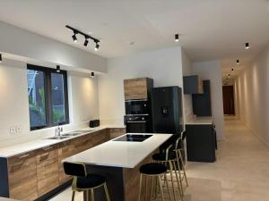 a kitchen with a black refrigerator and a counter at ReefScape Beachfront Residence in Trou aux Biches