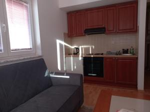 a living room with a couch and a kitchen at Apartmani, prenoćište Ana in Tomislavgrad +3 photos