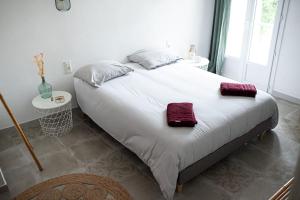 LOU DESTRE Maison 3 Chambres, parking vélo, Châteauneuf-du-Pape في شاتونوف-دو-باب: سرير كبير عليه وسادتين في غرفة النوم +24 صورة