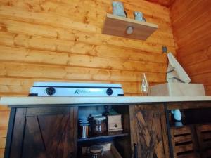 Mareuil-sur-ArnonにあるChalet western - Retour à l'instinct primaireのキャビン内のストーブ付きのキッチンカウンター